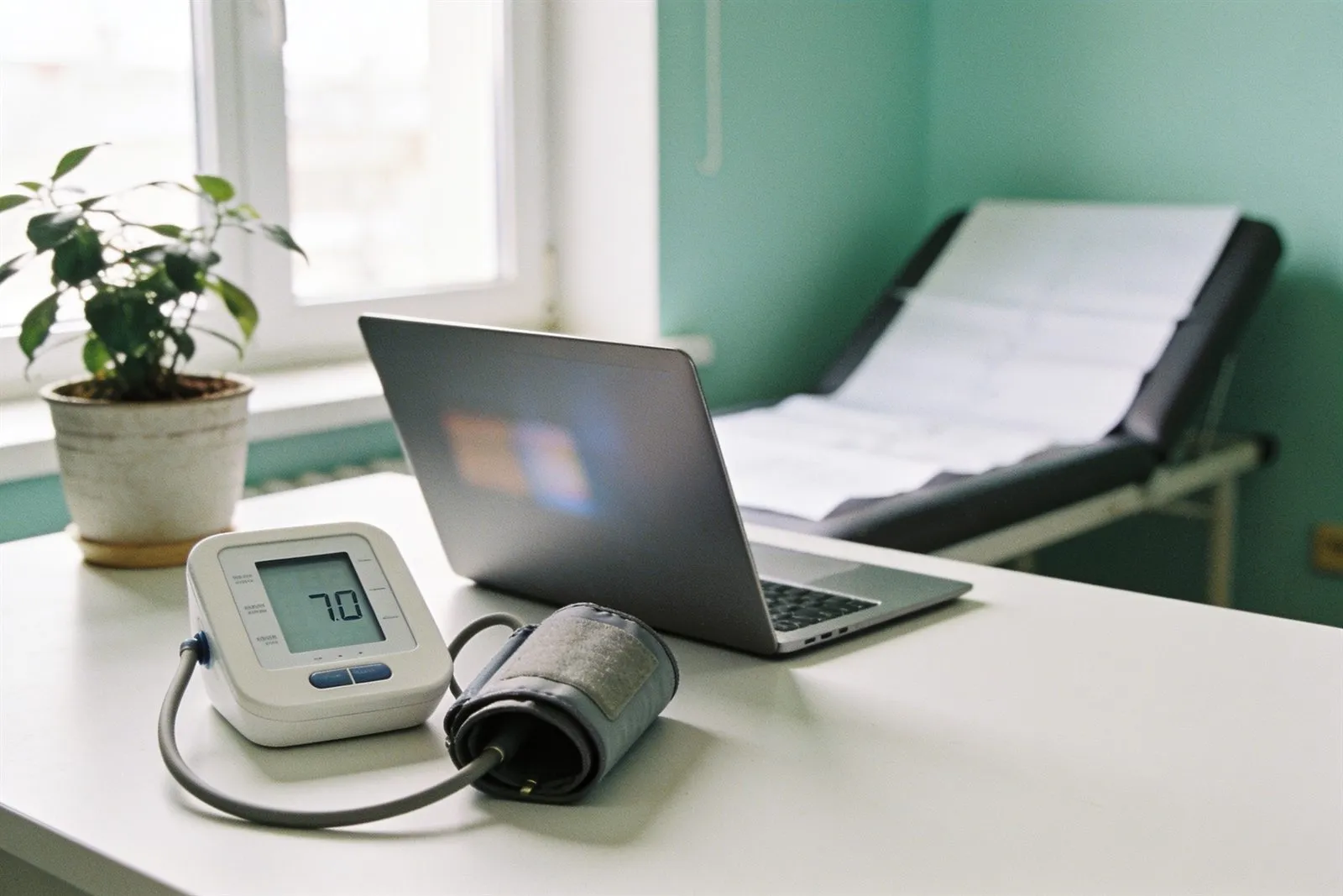 Aparelho digital de pressão arterial e notebook na mesa de um consultório
