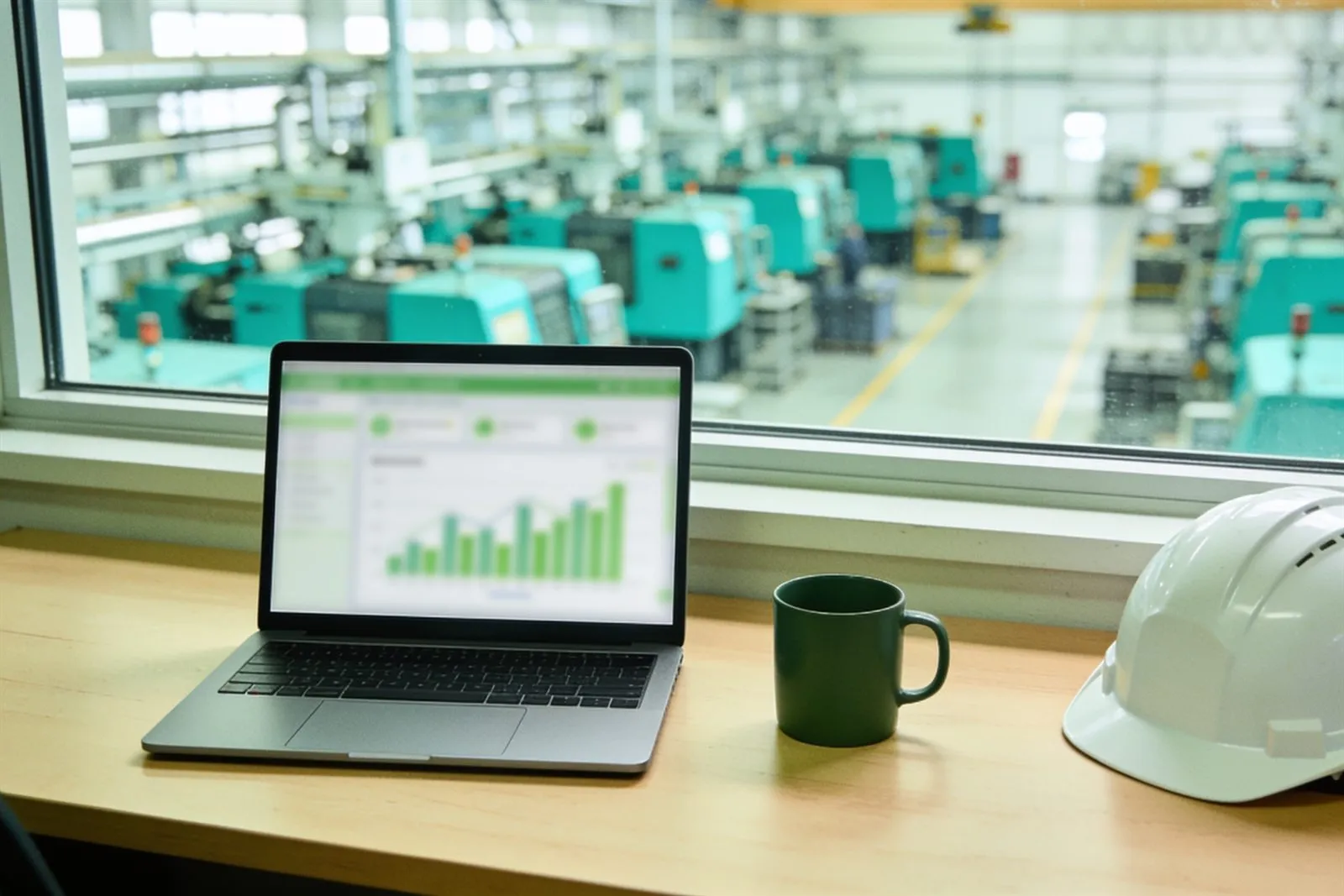 Notebook com gráficos, caneca e capacete numa mesa de frente para o galpão de uma fábrica