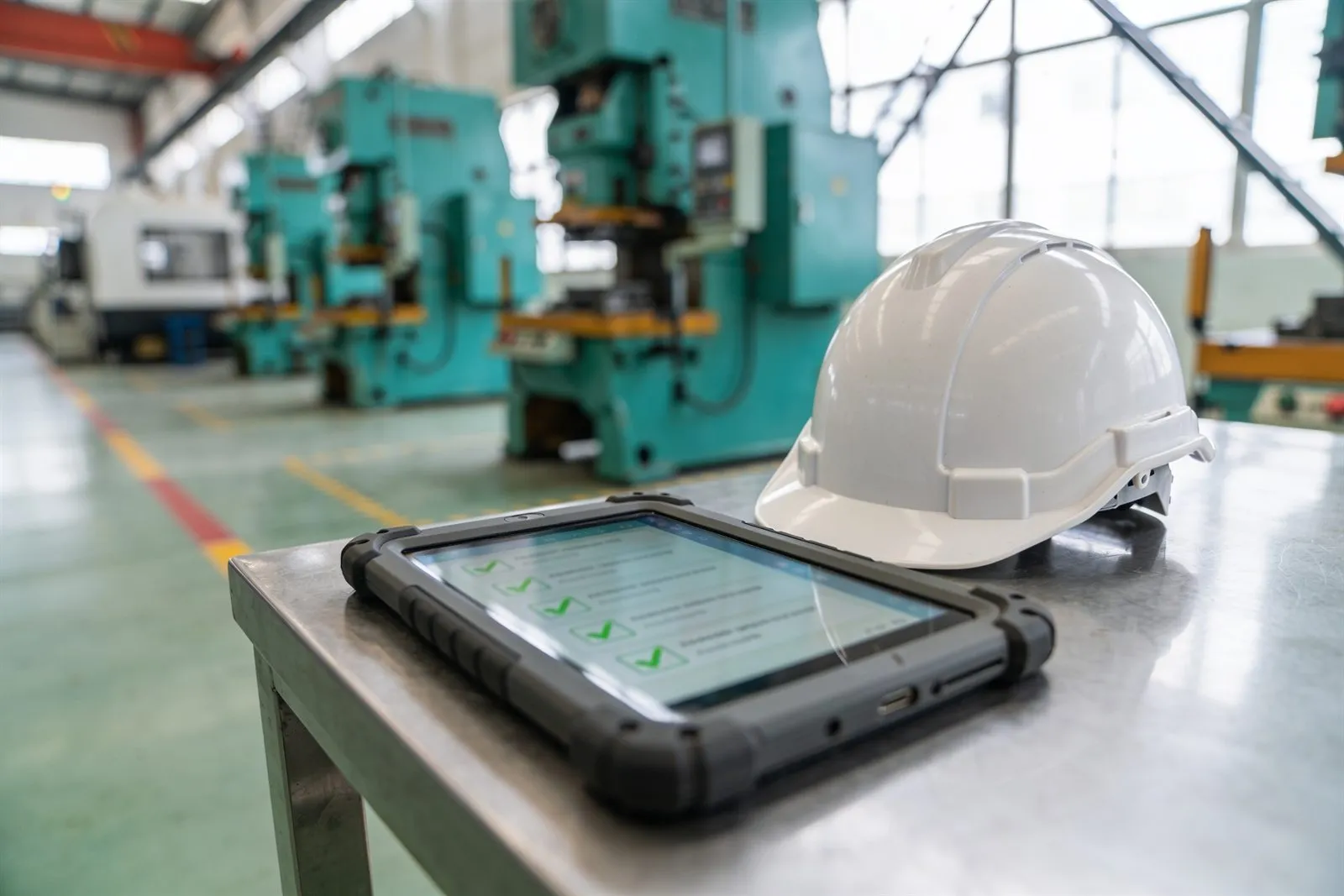 Tablet com lista de verificação ao lado de um capacete, numa bancada de fábrica