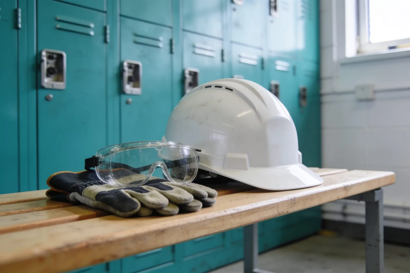 Capacete, óculos de proteção e luvas sobre o banco de um vestiário